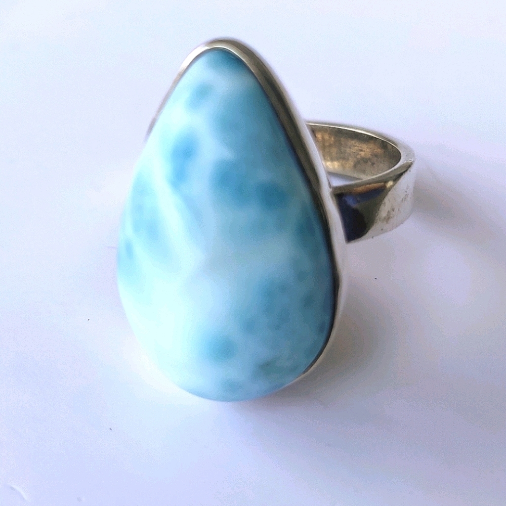 Solid Sterling Silver Pear Larimar Ring Sz 7.75